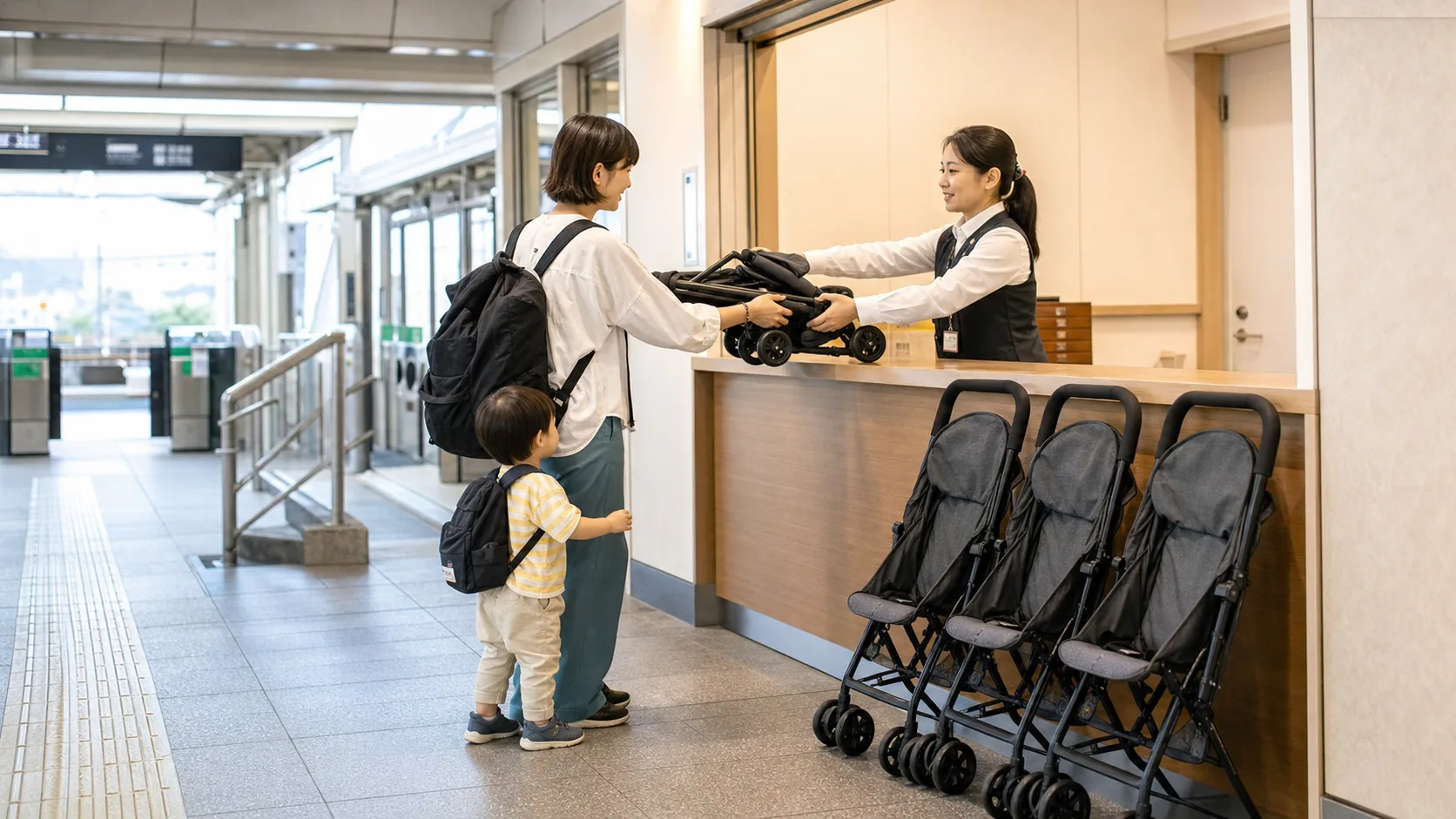 일본 지역 역의 대여 창구에서 휴대용 유모차를 받는 가족