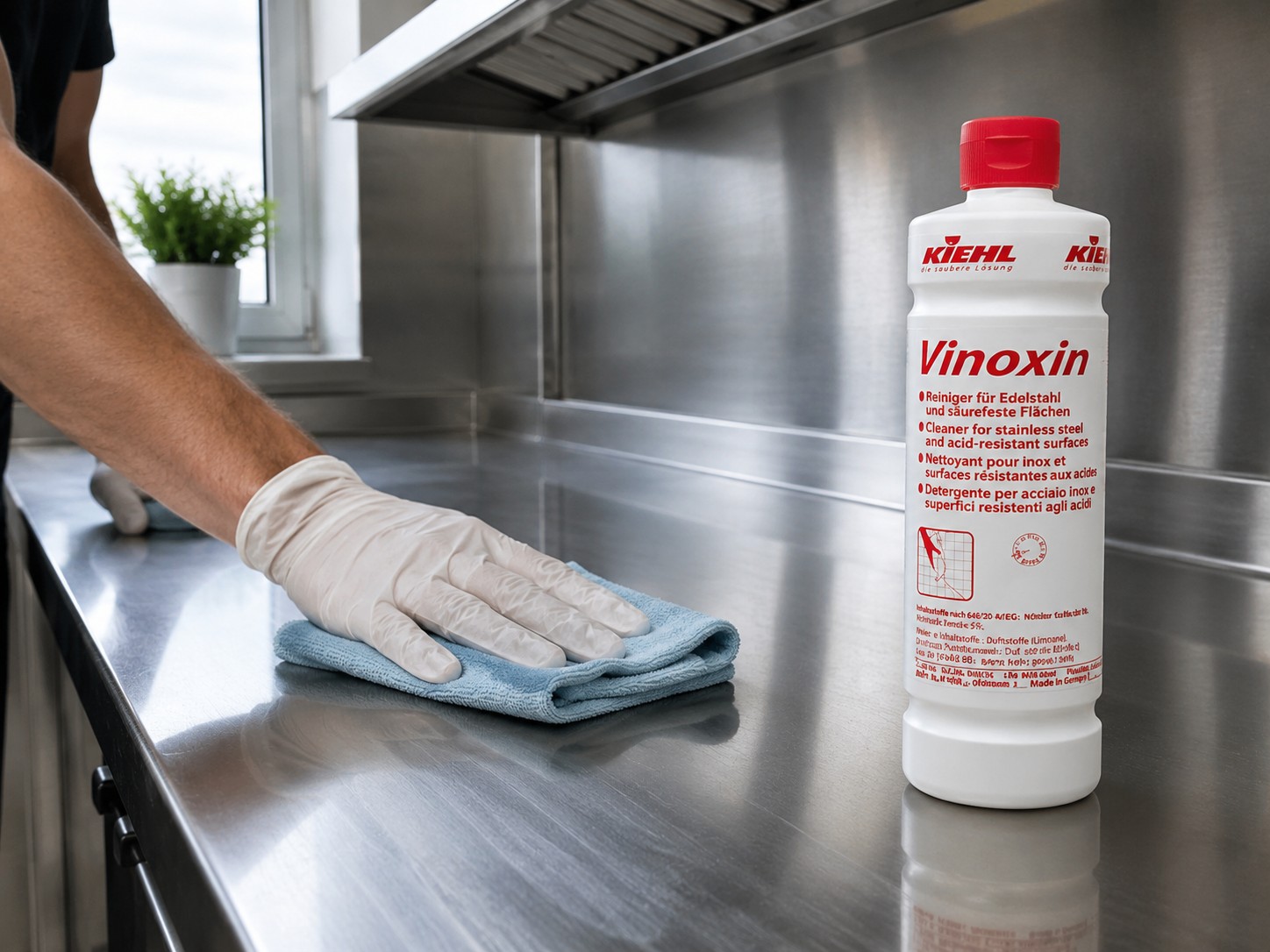 키엘 Vinoxin 세제를 두고 스테인리스 주방 표면을 닦는 장면