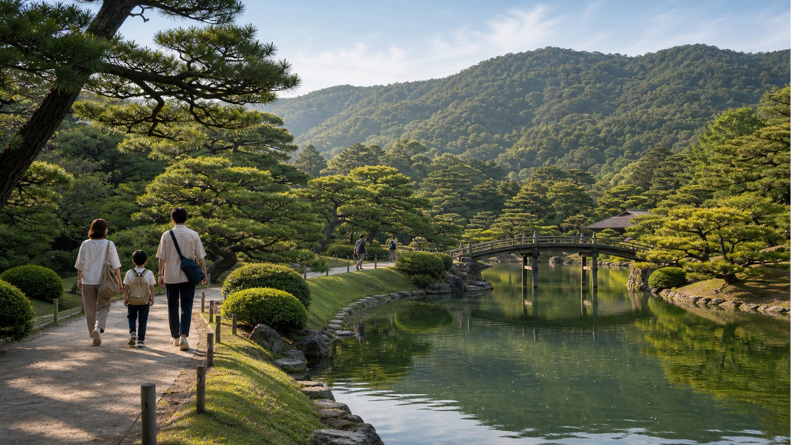 다카마쓰 리쓰린공원의 연못과 산책로